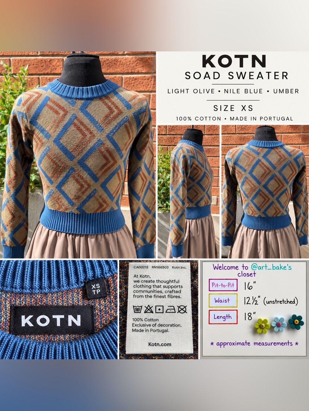 Kotn Soad 100% Cotton Geometric Sweater Nile Blue Olive XS